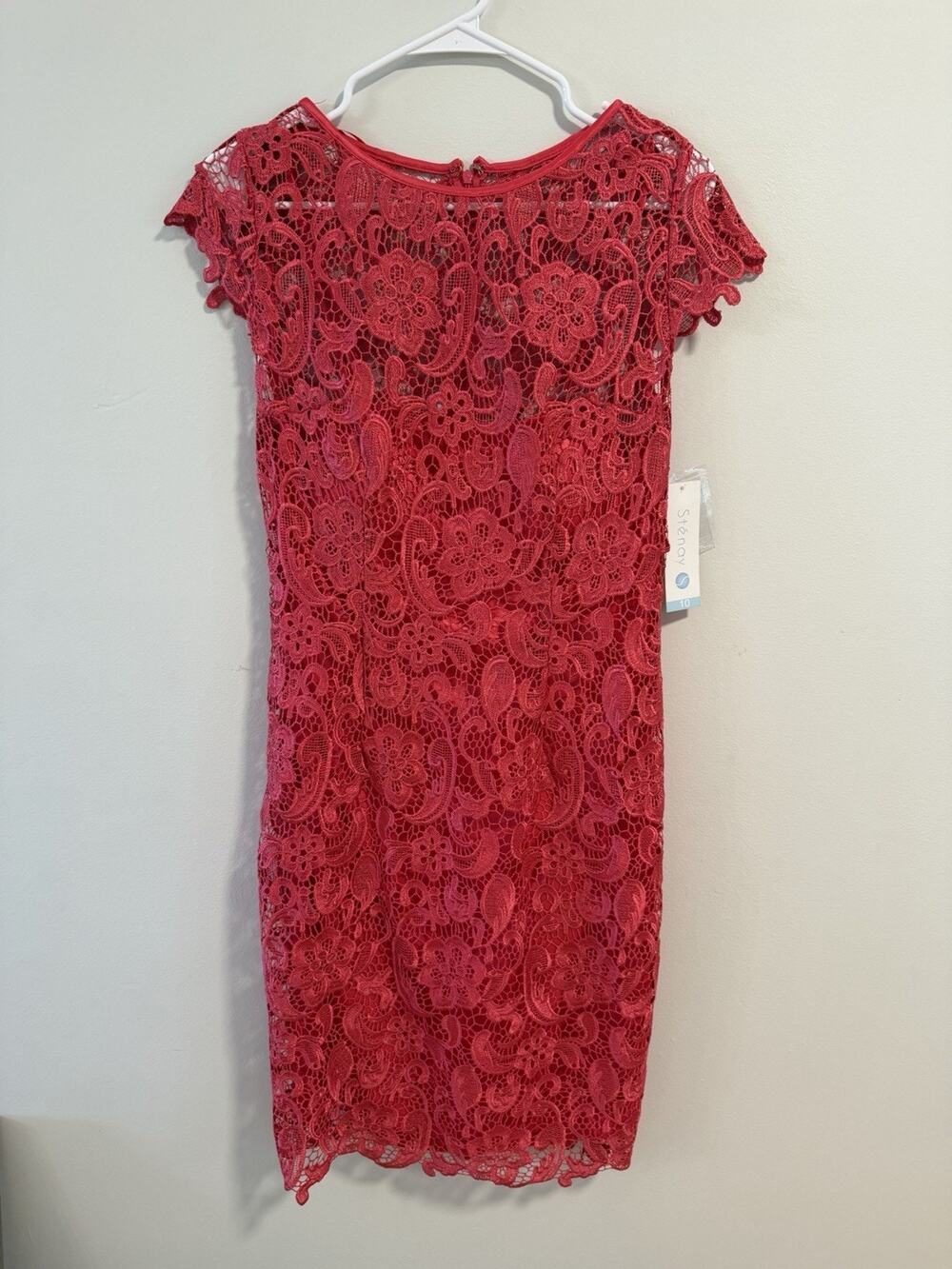 Sténay Coral Floral Lace Sheath Dress Womens Size 10 Cap Sleeve NWT Lined